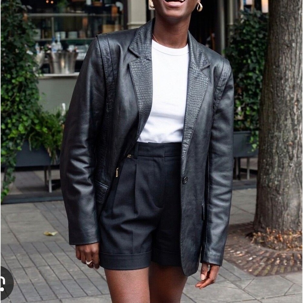 Wilsons Genuine Leather Blazer Jacket Black 8 Croc Embossed Y2k Corporate Goth